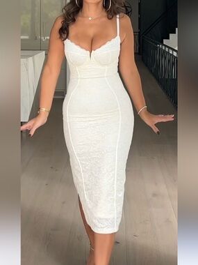 White Lace Bustier Midi Dress with Spaghetti Straps